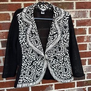 Mona Leah Couture Black White Floral Knit Jacket Med Open Front Crochet Sleeves